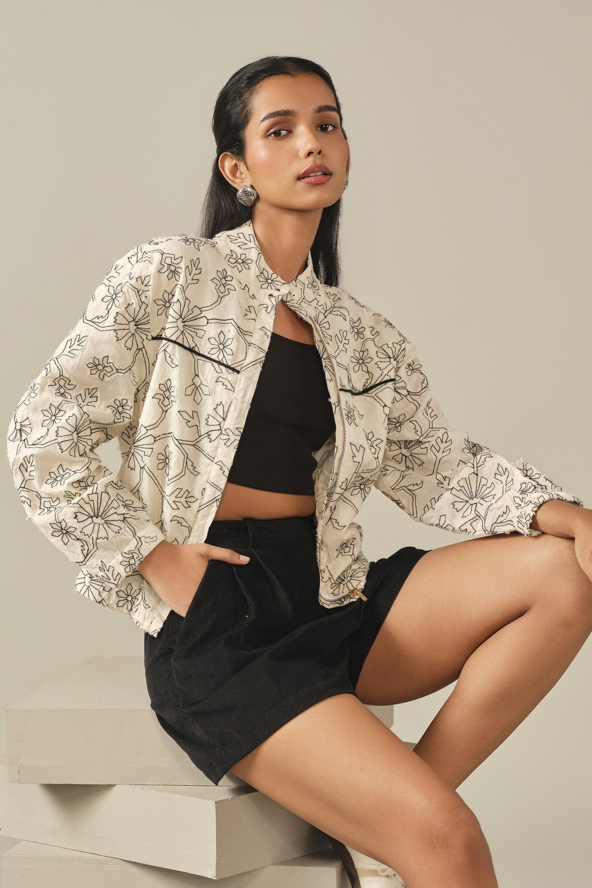 Embroidered Cotton Bomber Jacket in White, Off White, image 3